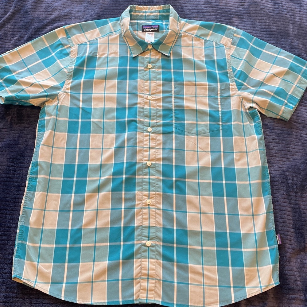 Patagonia Button Down Shirt Short Sleeve Gray Blue Size Large